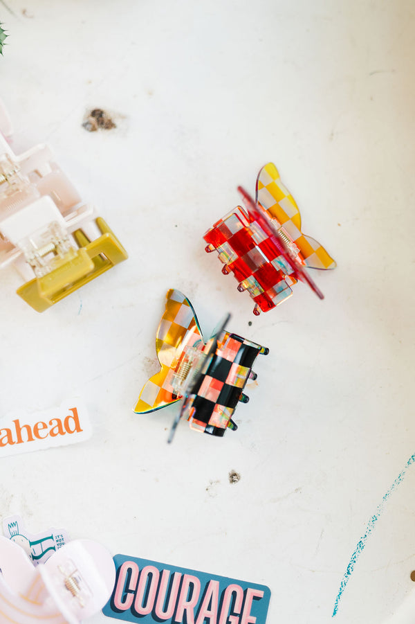 checker butterfly holographic hair claw clips | black and white