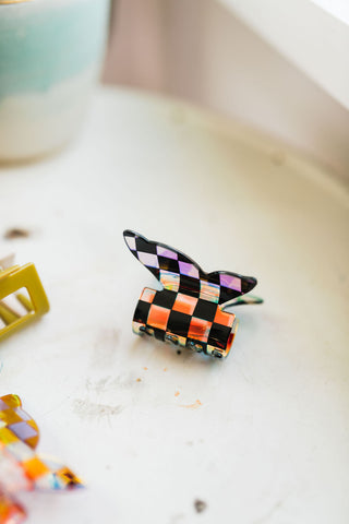 checker butterfly holographic hair claw clips | black and white