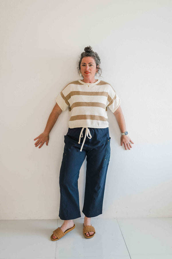 boxy stripe sweater top | taupe + cream