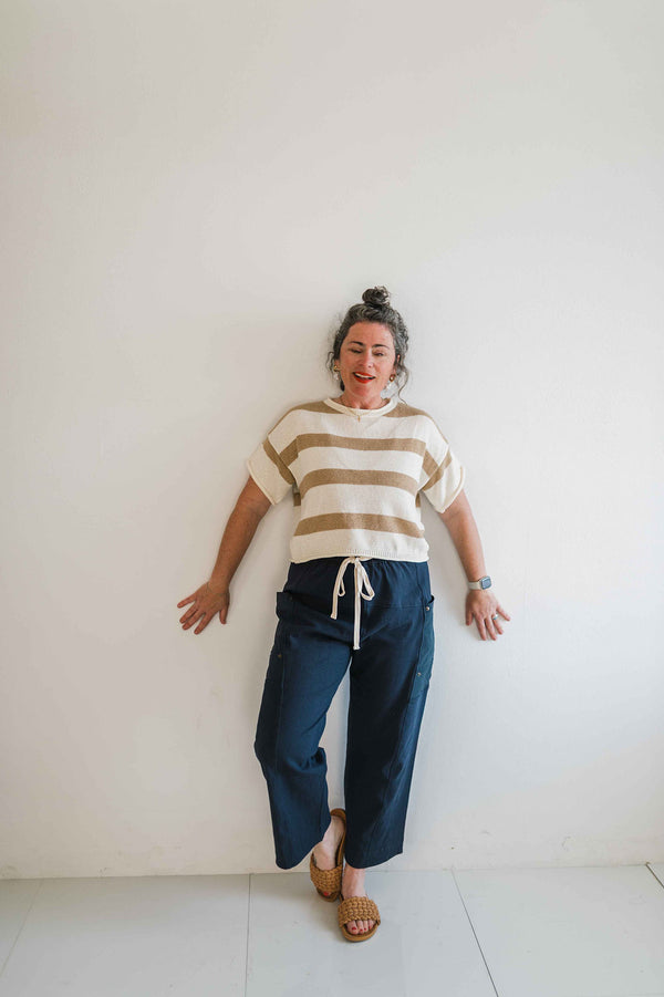 boxy stripe sweater top | taupe + cream