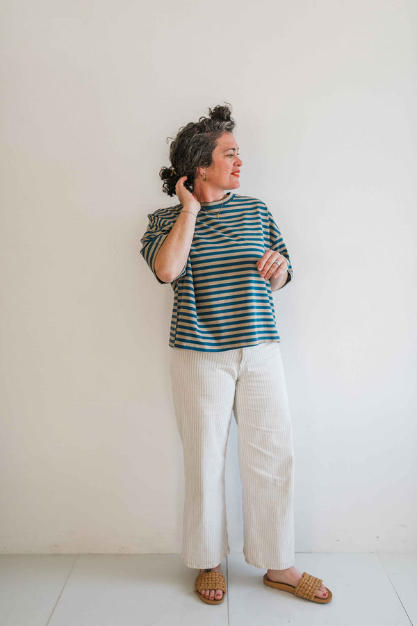 oversized boyfriend tee | blue + tan stripe