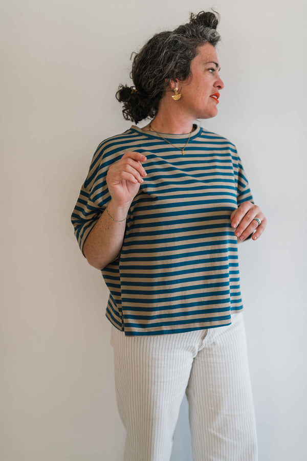 oversized boyfriend tee | blue + tan stripe