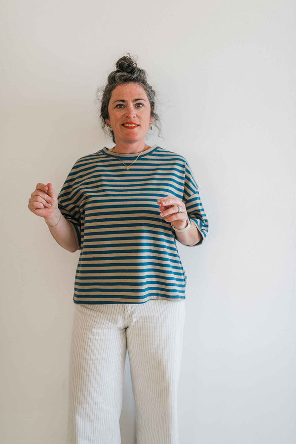 oversized boyfriend tee | blue + tan stripe