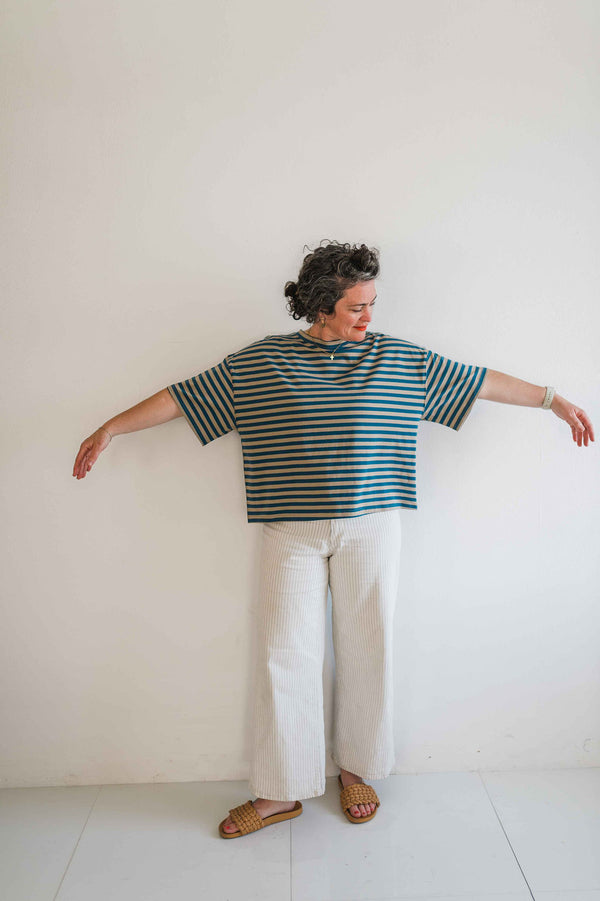 oversized boyfriend tee | blue + tan stripe