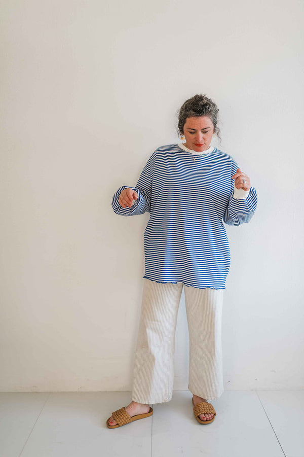 oversized striped long sleeve pullover top | royal blue
