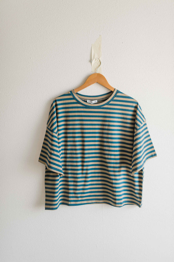 oversized boyfriend tee | blue + tan stripe