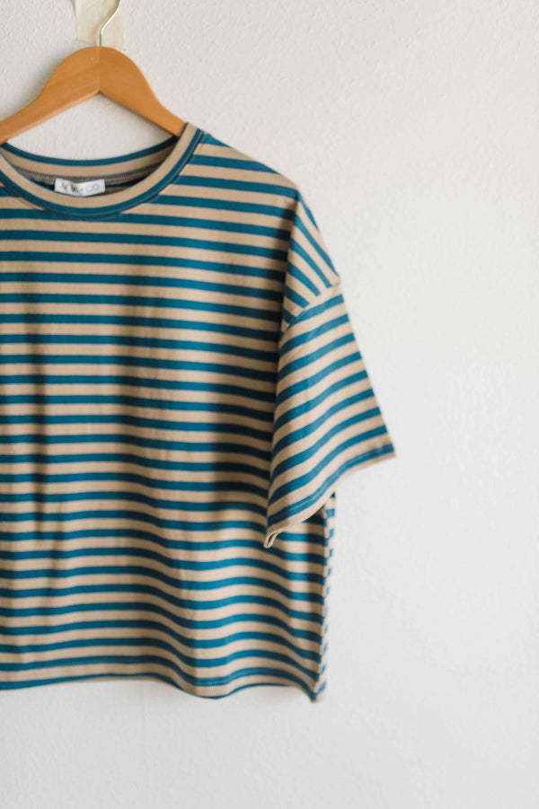 oversized boyfriend tee | blue + tan stripe