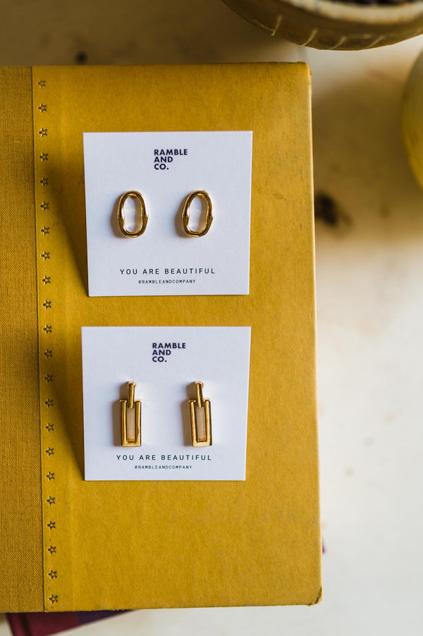 gold plated rectangle drop | stud earrings