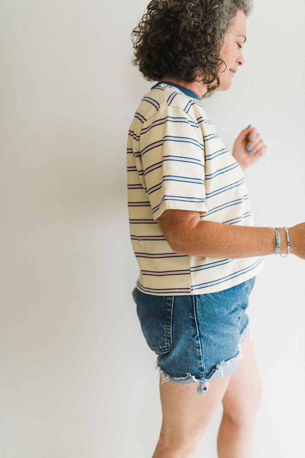 boxy stripe crop tee | ivory + blue