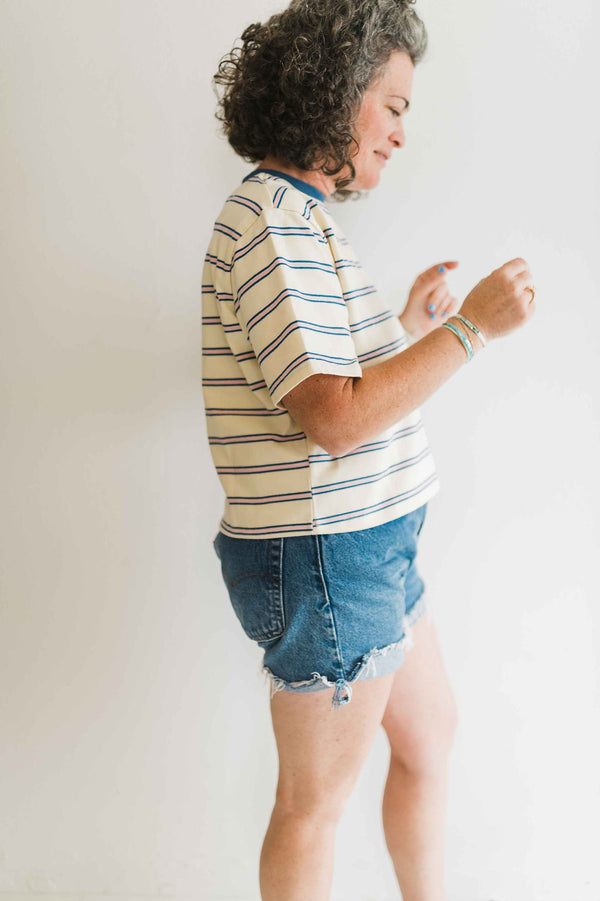 boxy stripe crop tee | ivory + blue