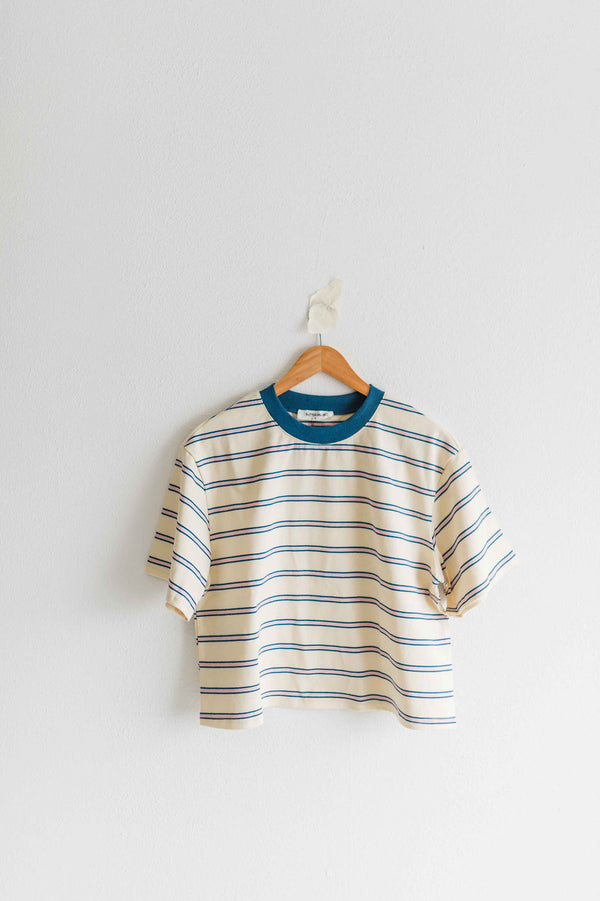 boxy stripe crop tee | ivory + blue