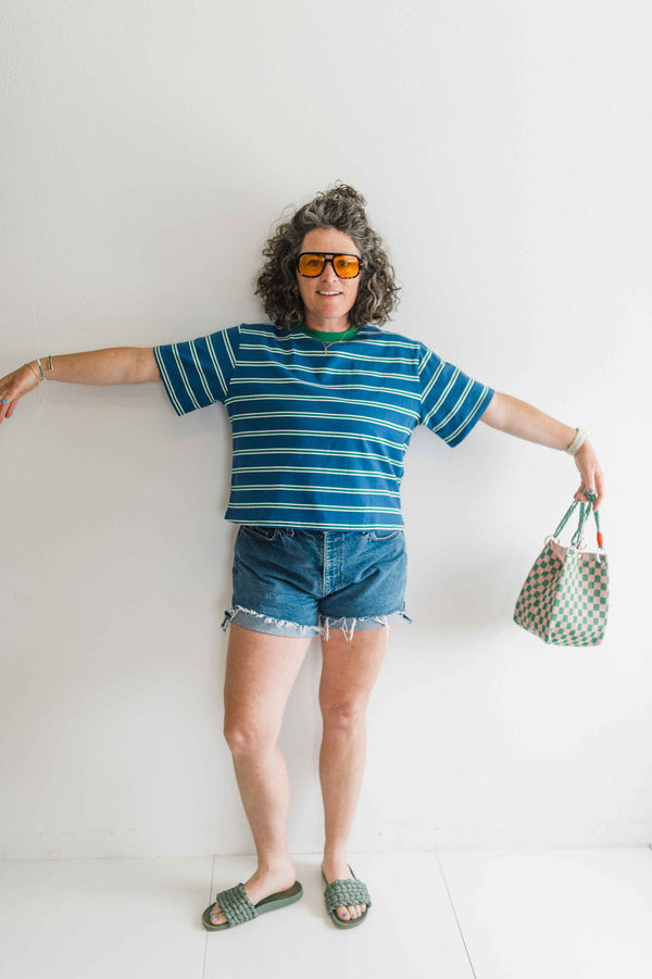 boxy stripe crop tee | blue + green
