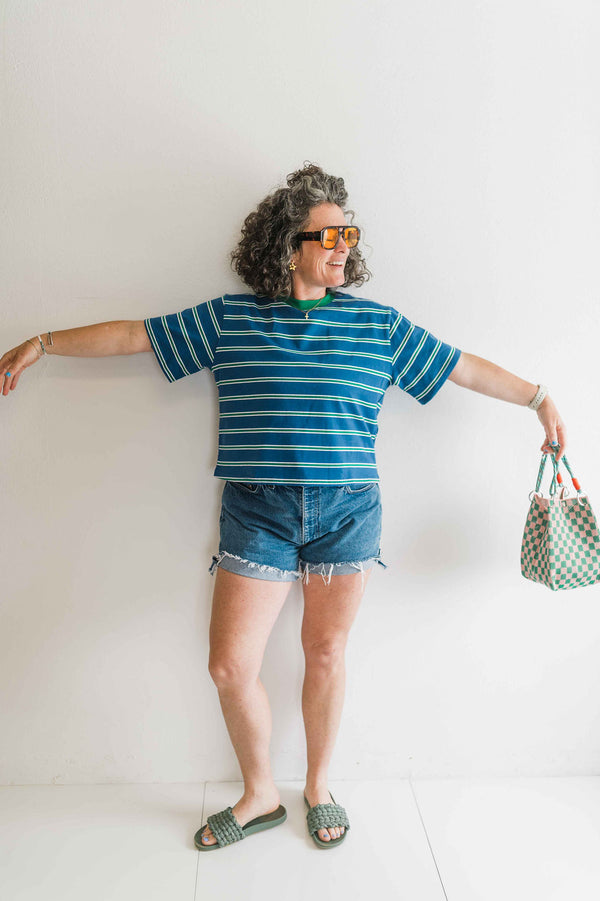 boxy stripe crop tee | blue + green