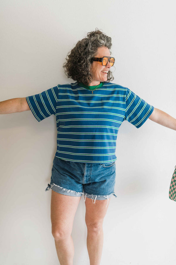 boxy stripe crop tee | blue + green