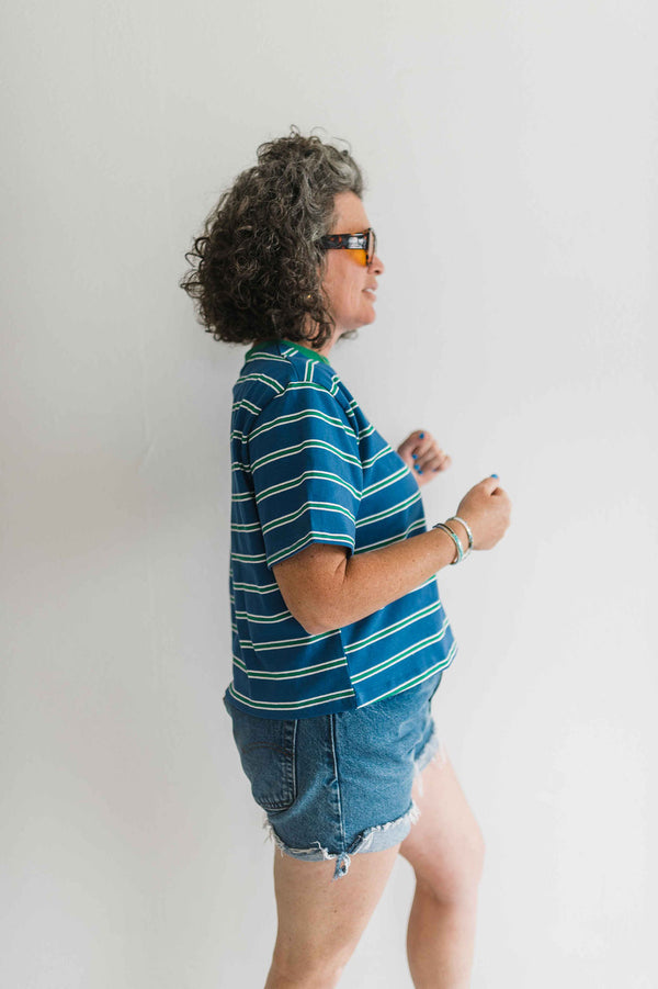 boxy stripe crop tee | blue + green