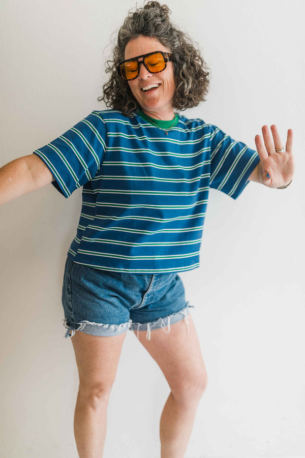 boxy stripe crop tee | blue + green