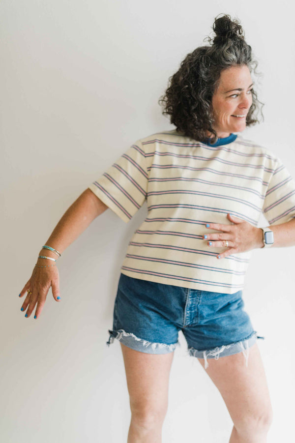 boxy stripe crop tee | ivory + blue