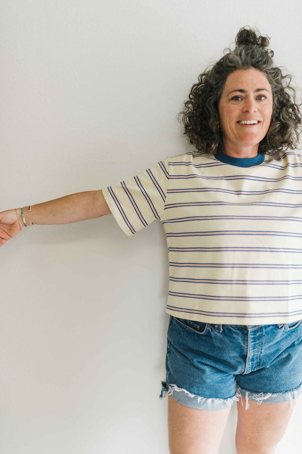 boxy stripe crop tee | ivory + blue