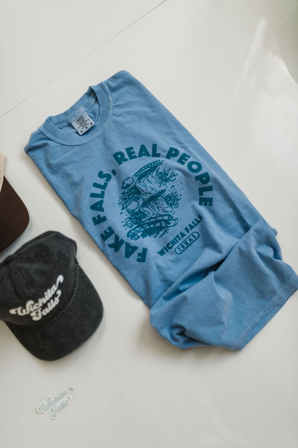 fake falls real people short sleeve tee | denim