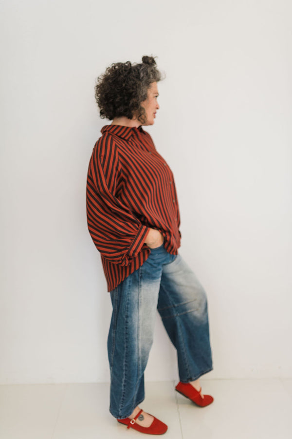 button front stripe shirt | rust