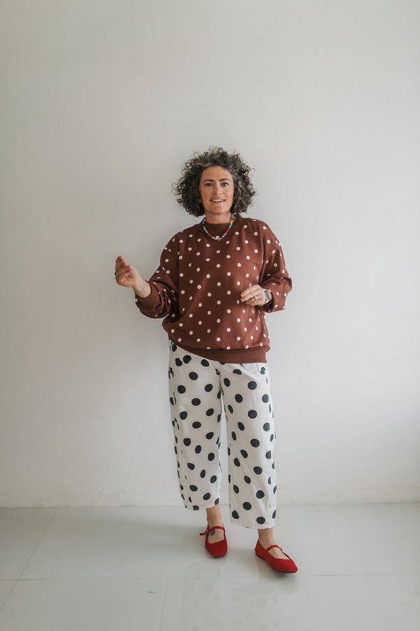 oversized polka dot scuba pullover | brown + white