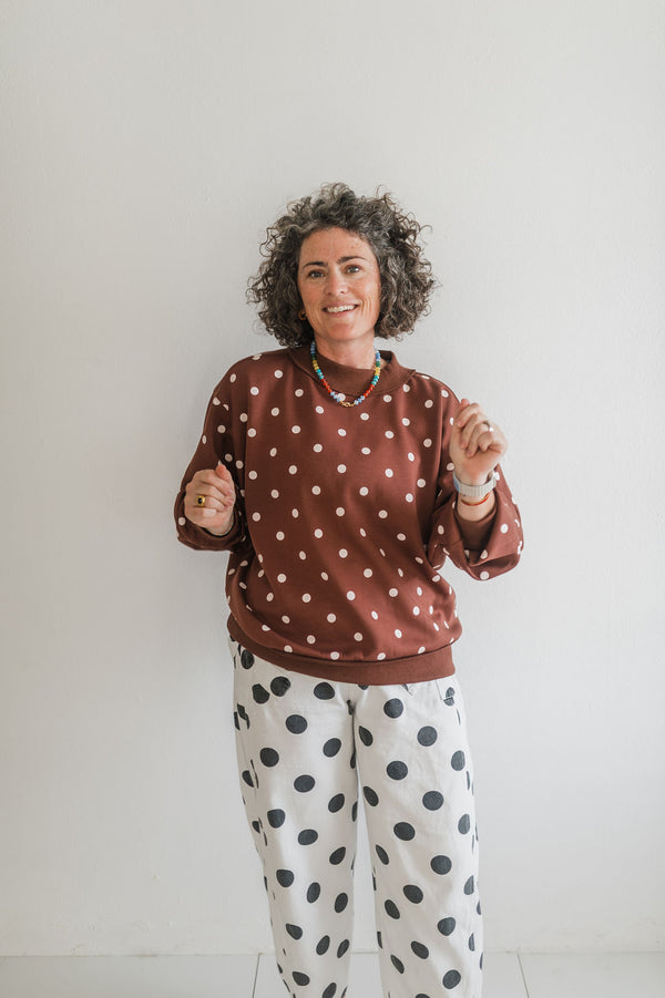 oversized polka dot scuba pullover | brown + white