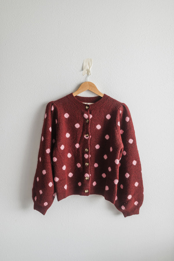 polka dot cardigan | maroon + pink