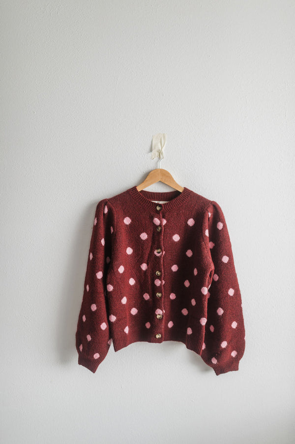 polka dot cardigan | maroon + pink