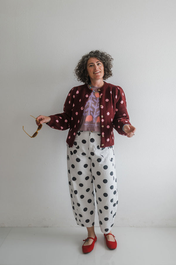 polka dot cardigan | maroon + pink