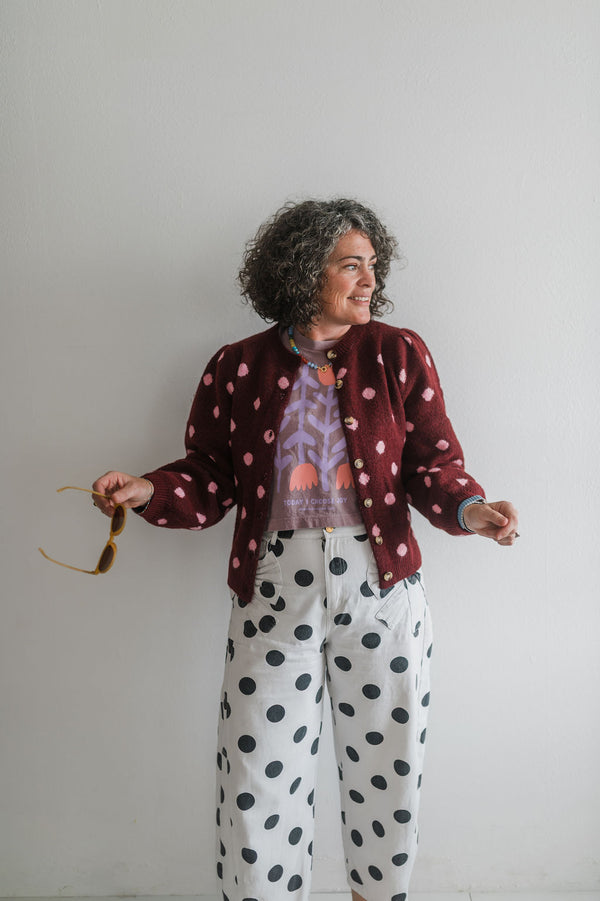 polka dot cardigan | maroon + pink