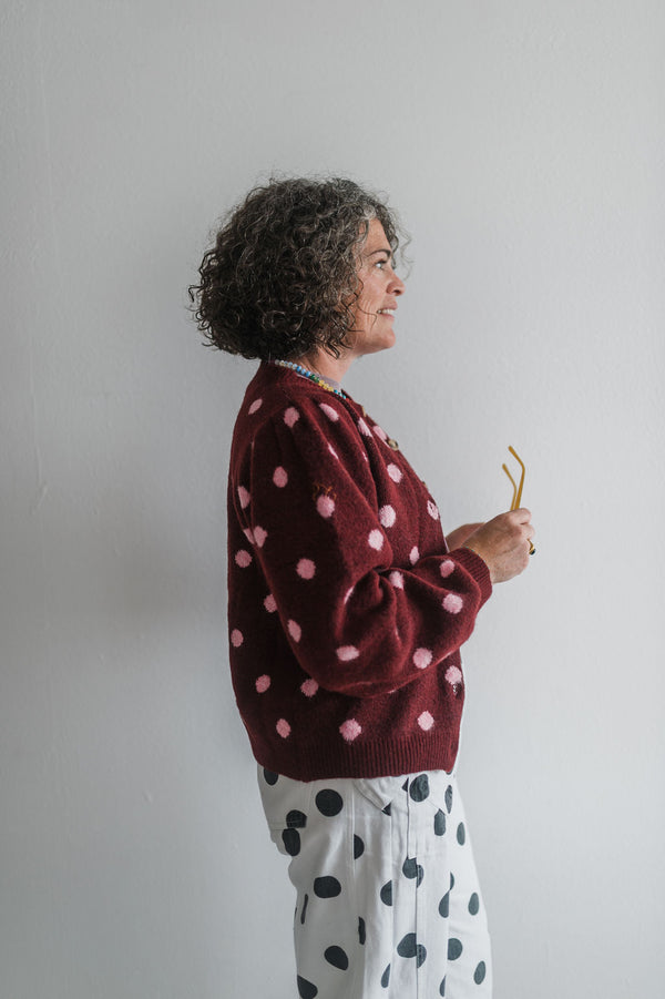 polka dot cardigan | maroon + pink