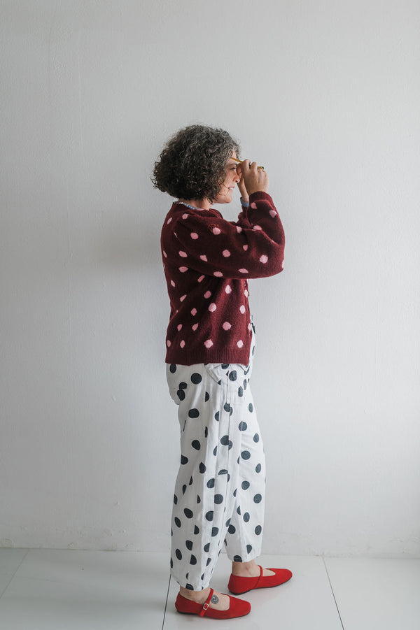 polka dot cardigan | maroon + pink