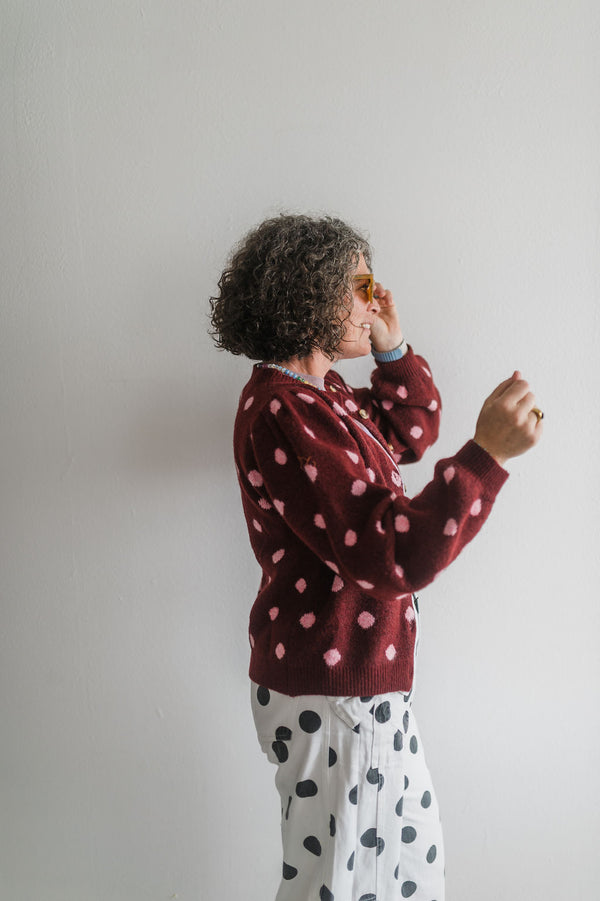 polka dot cardigan | maroon + pink
