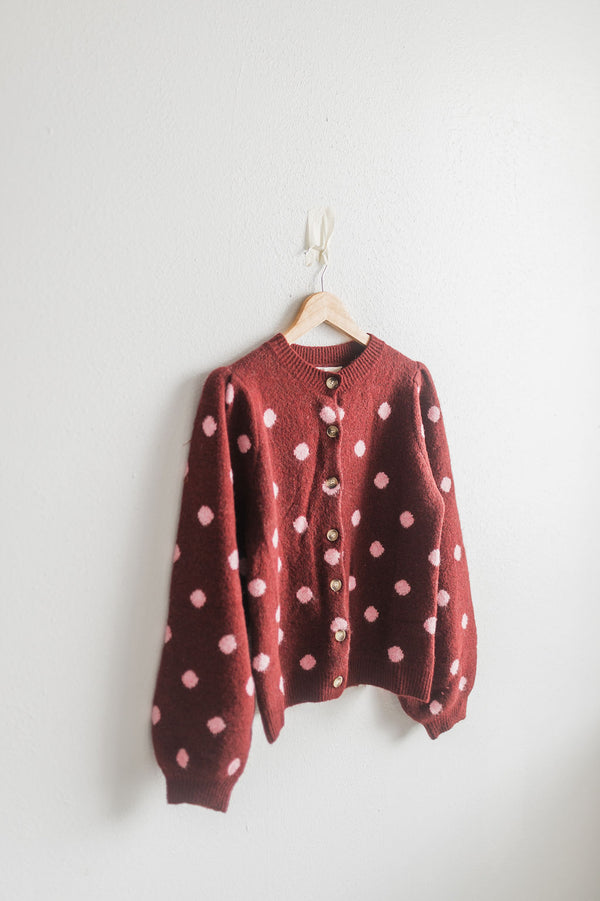 polka dot cardigan | maroon + pink