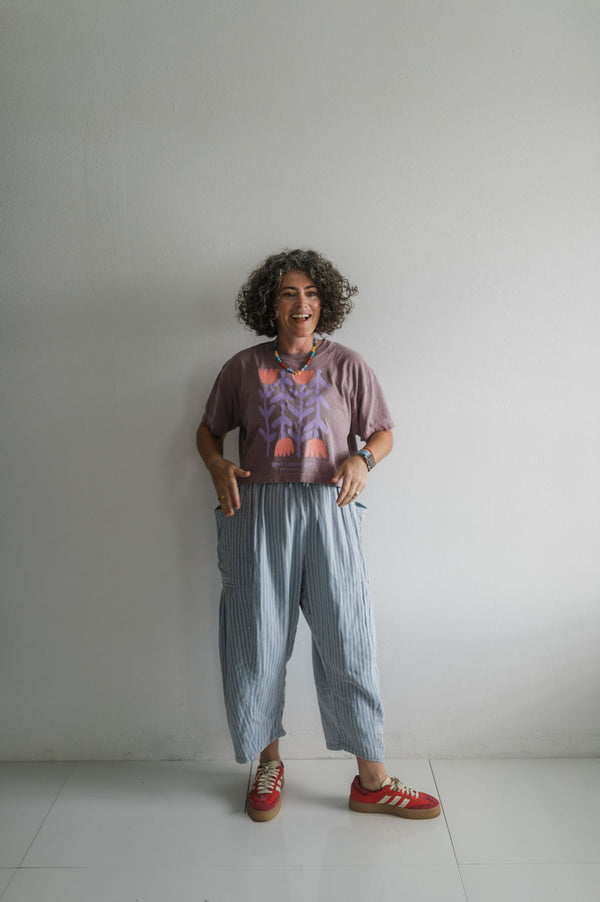 striped cotton drawstring pants | light blue