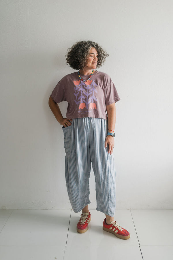 striped cotton drawstring pants | light blue