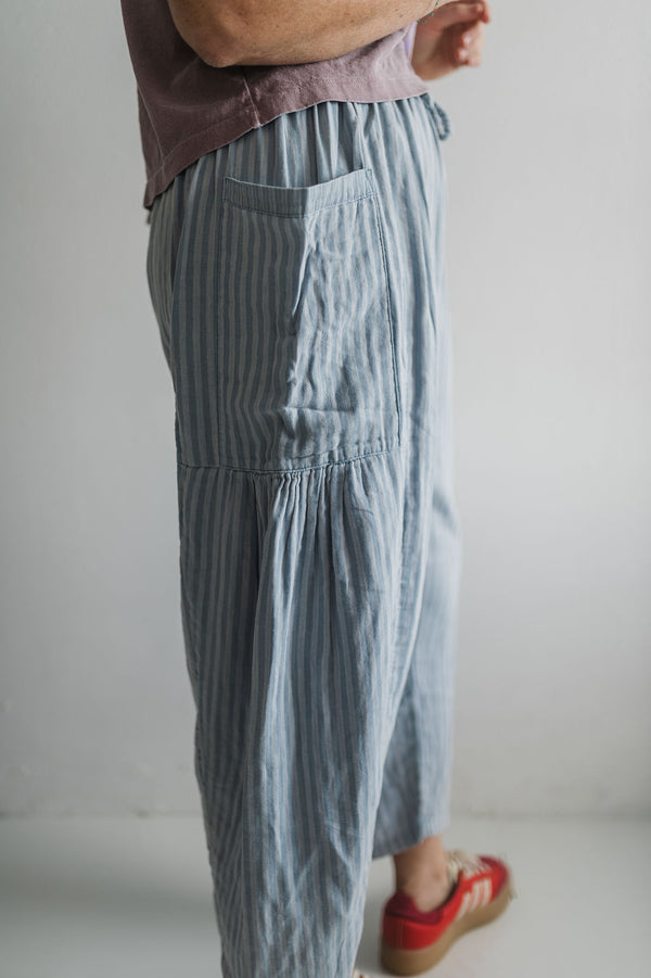 striped cotton drawstring pants | light blue