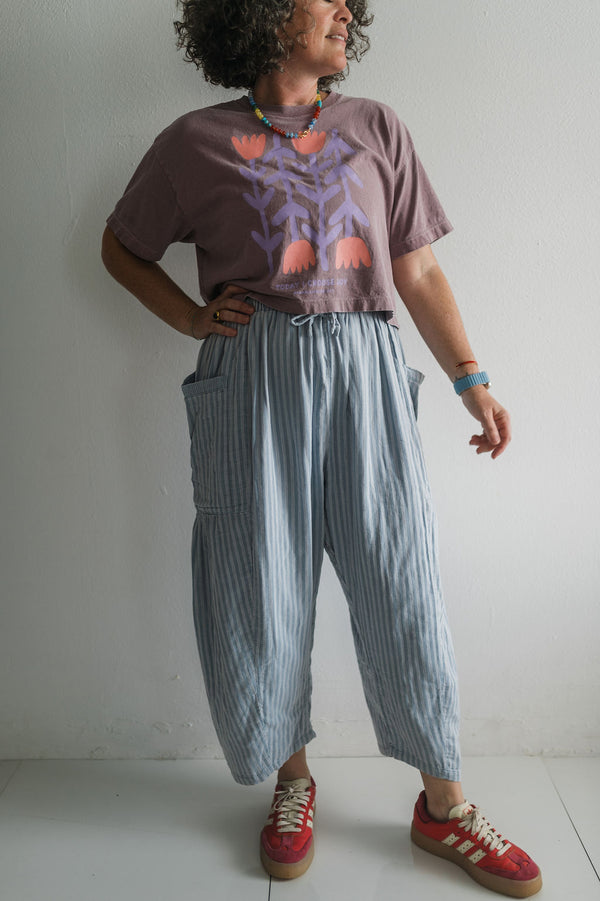 striped cotton drawstring pants | light blue