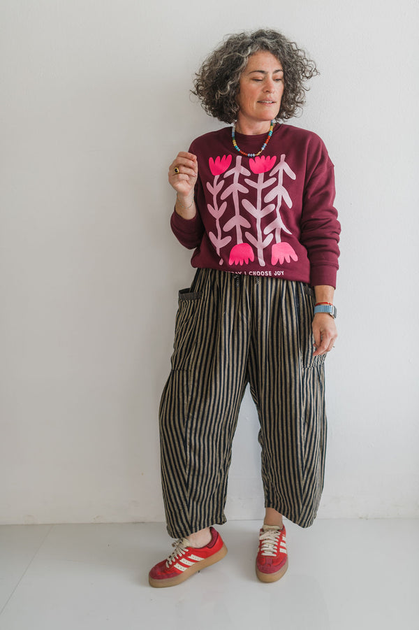 striped cotton drawstring pants | dark grey