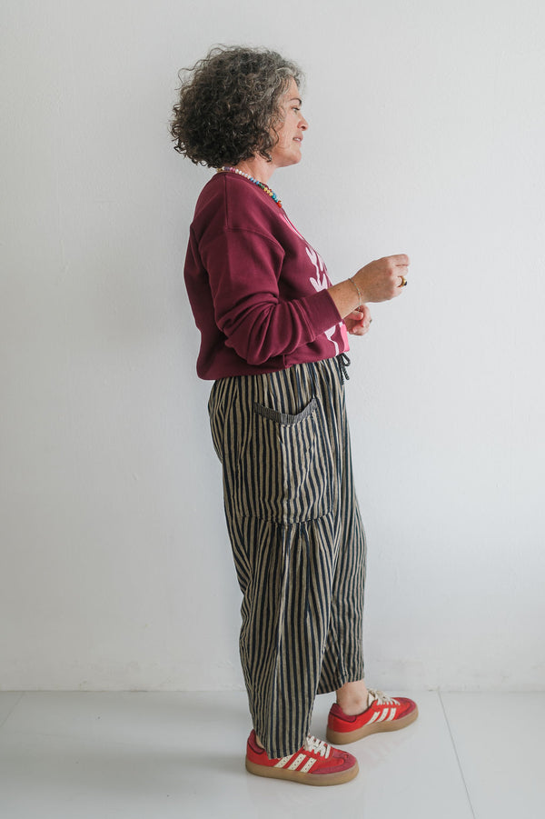 striped cotton drawstring pants | dark grey