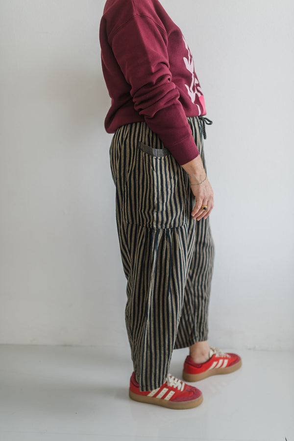 striped cotton drawstring pants | dark grey