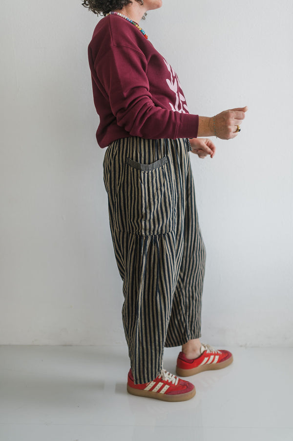 striped cotton drawstring pants | dark grey