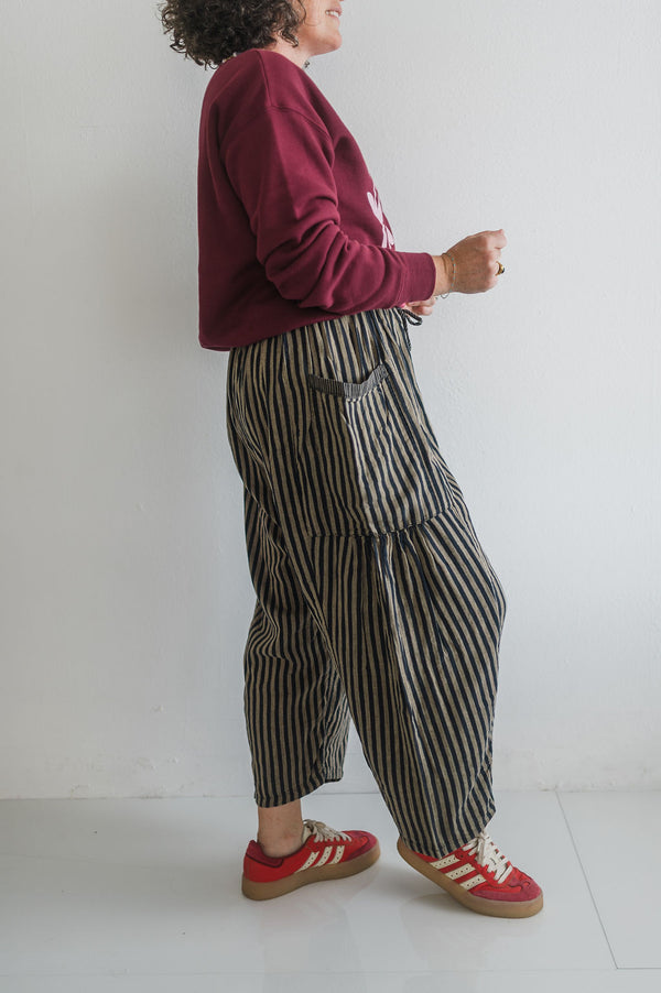striped cotton drawstring pants | dark grey