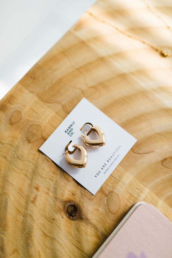 gold star cz heart hoop earring | 18k gold earrings