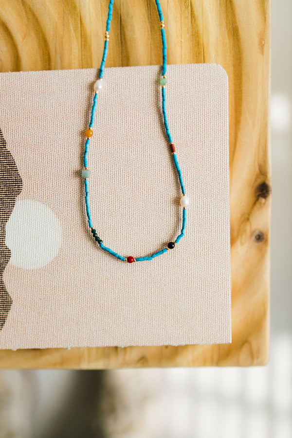 boho handmade blue turquoise stone beaded necklace