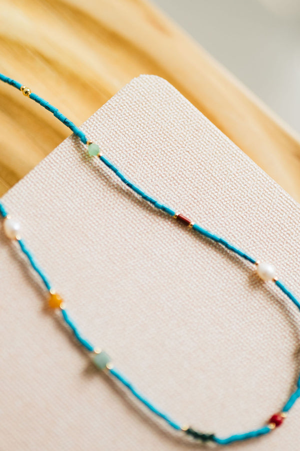 boho handmade blue turquoise stone beaded necklace