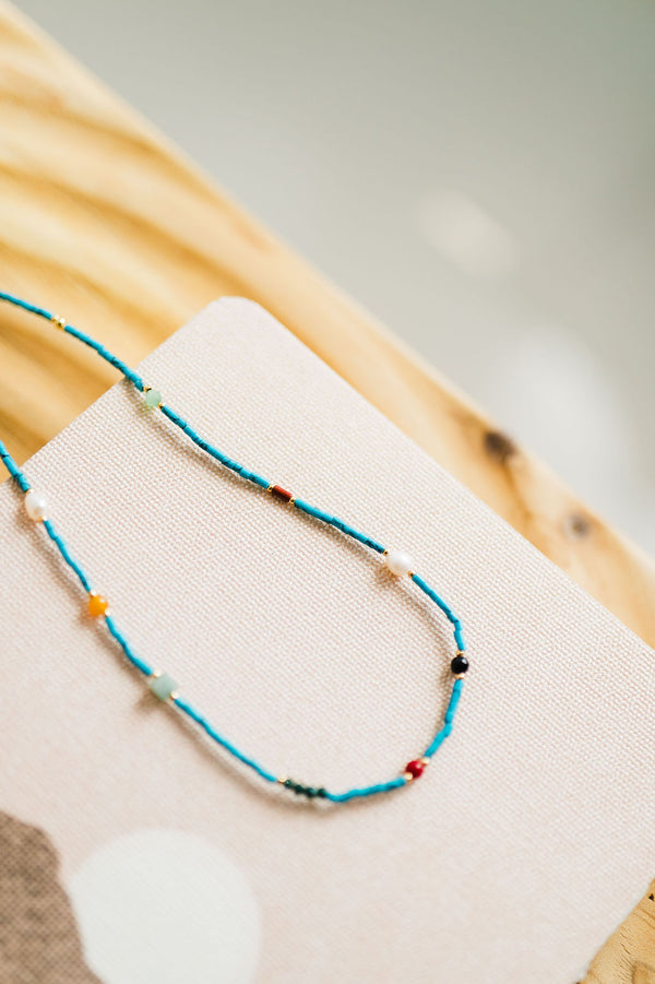boho handmade blue turquoise stone beaded necklace