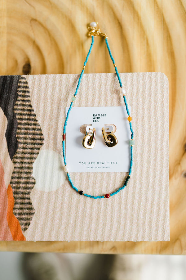 boho handmade blue turquoise stone beaded necklace