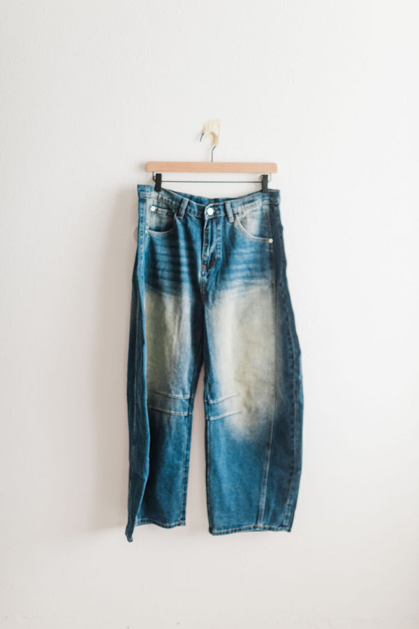 mid-rise wide leg barrel pants | dark blue