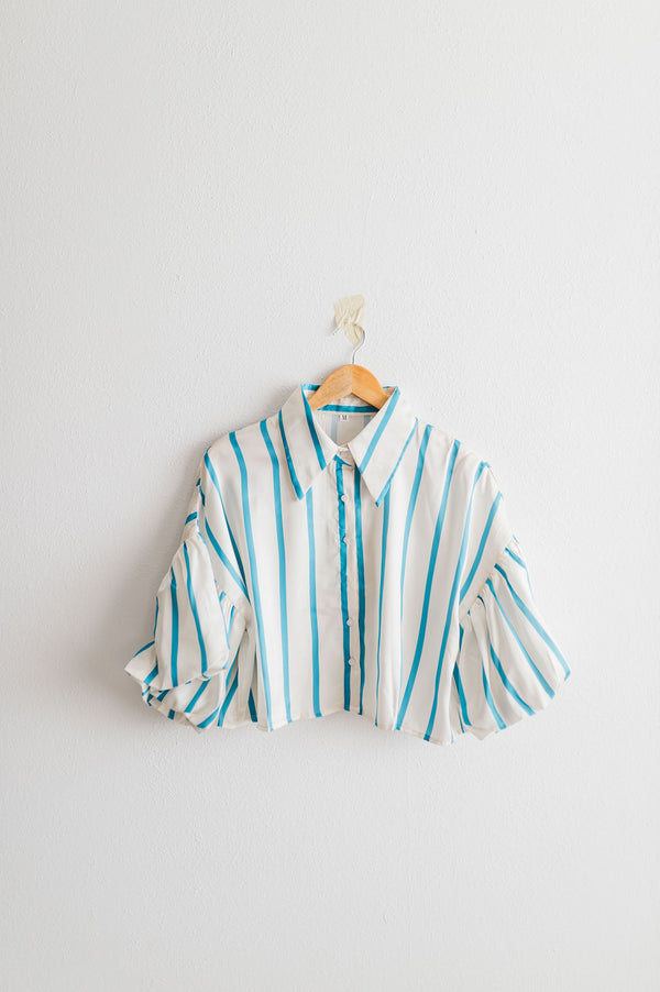 stripe puff sleeve button up | blue stripe